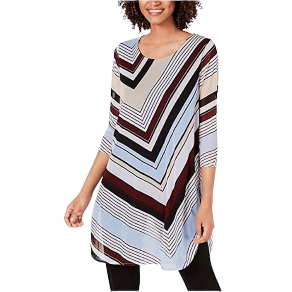 Alfani Stretchy 3/4 Sleeve Tunic Top Blouse With Angle Stripe Size Large Petite